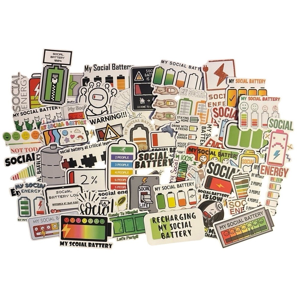 NEW 50pc Full Color Vinyl Social Battery/Social Energy Theme Stickers